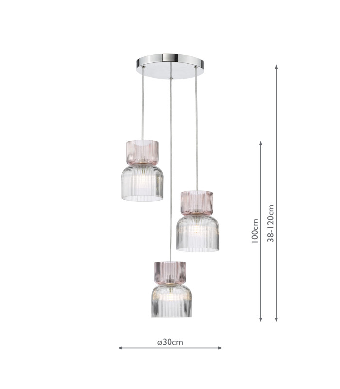 Auberta 3 Light Cluster Ceiling Pendant Polished Chrome and Pink Ribbed Glass-2