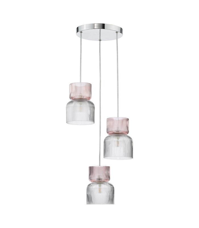 Auberta 3 Light Cluster Ceiling Pendant Polished Chrome and Pink Ribbed Glass-3