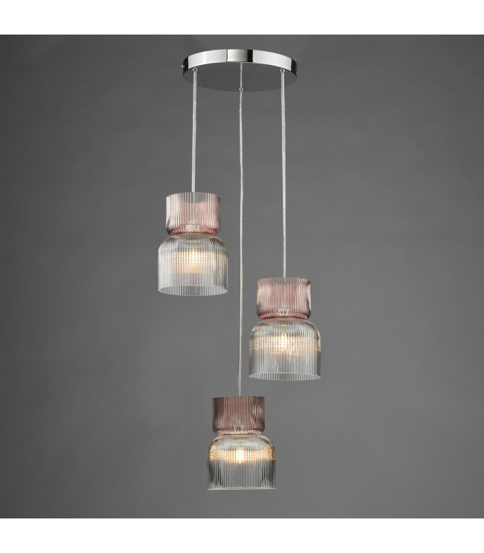 Auberta 3 Light Cluster Ceiling Pendant Polished Chrome and Pink Ribbed Glass-6