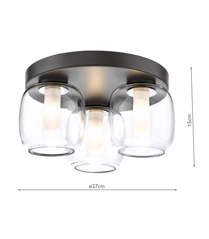 Edaline 3 Light Bathroom Flush Light Matt Black and Glass IP44-4