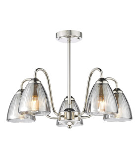 Glynis 5 Light Semi-Flush Polished Nickel and Smoked Ribbed Glass-1