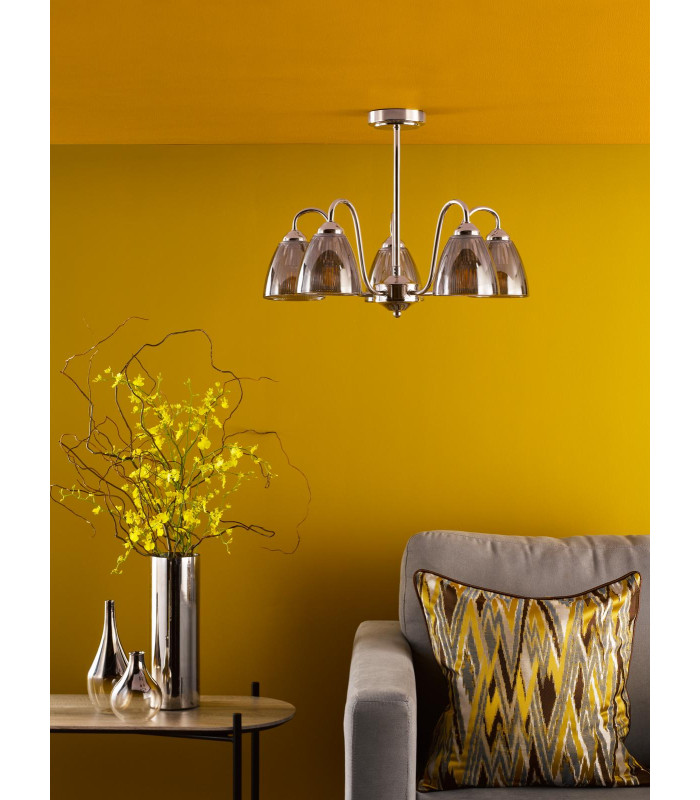 Glynis 5 Light Semi-Flush Polished Nickel and Smoked Ribbed Glass-3