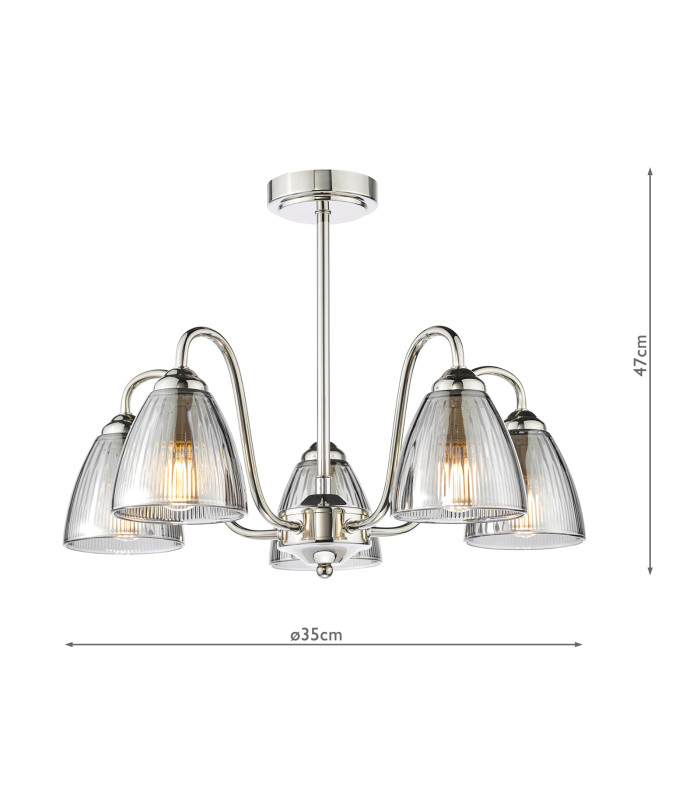 Glynis 5 Light Semi-Flush Polished Nickel and Smoked Ribbed Glass-6