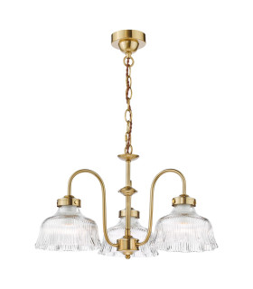 Maude 3 Light Armed Ceiling Pendant Natural Brass and Ribbed Glass-1