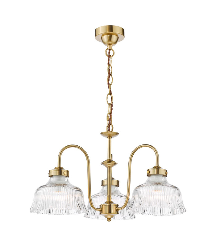 Maude 3 Light Armed Ceiling Pendant Natural Brass and Ribbed Glass-1