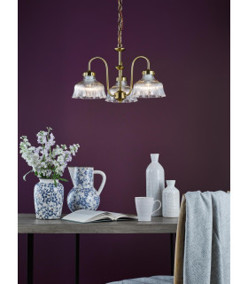 Maude 3 Light Armed Ceiling Pendant Natural Brass and Ribbed Glass-2