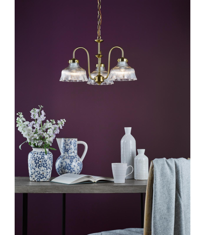 Maude 3 Light Armed Ceiling Pendant Natural Brass and Ribbed Glass-2
