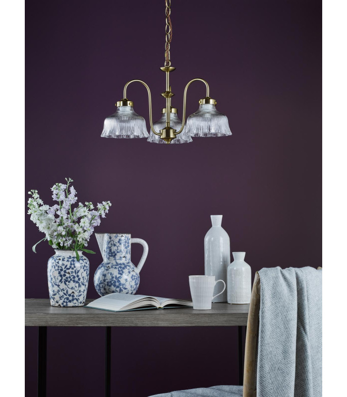 Maude 3 Light Armed Ceiling Pendant Natural Brass and Ribbed Glass-3
