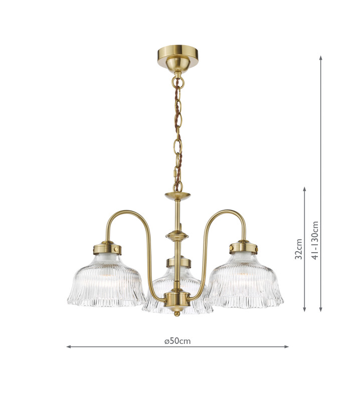 Maude 3 Light Armed Ceiling Pendant Natural Brass and Ribbed Glass-4