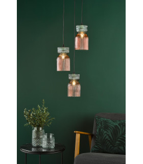 Rhubarb 3 Light Cluster Ceiling Pendant Pink and Green Ribbed Glass-2