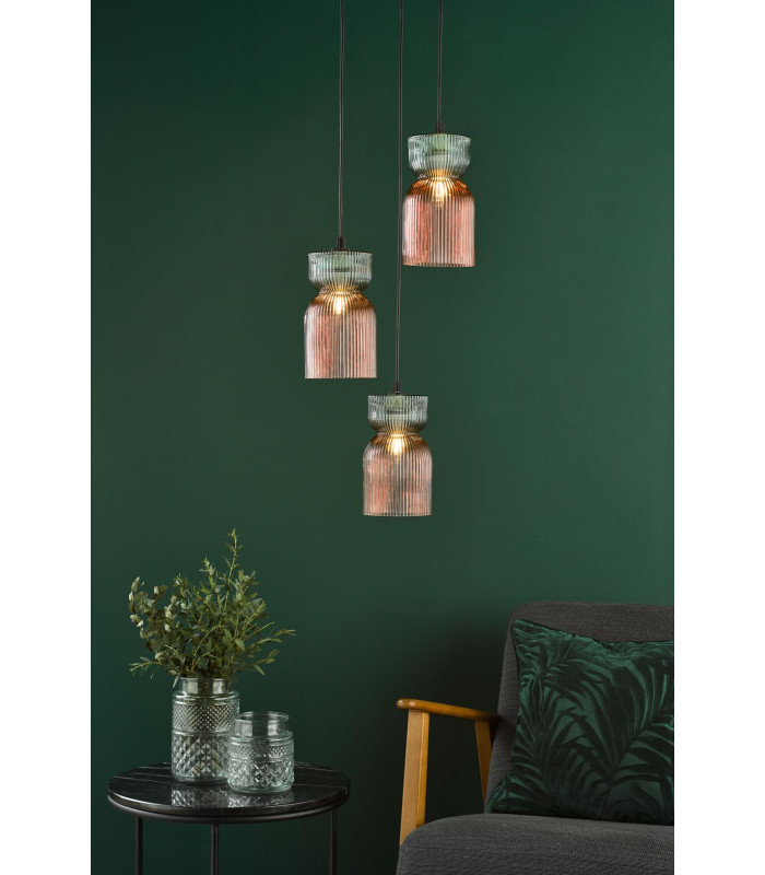 Rhubarb 3 Light Cluster Ceiling Pendant Pink and Green Ribbed Glass-2