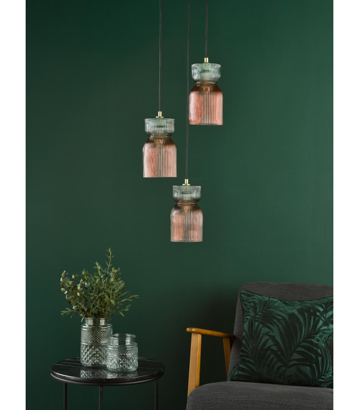 Rhubarb 3 Light Cluster Ceiling Pendant Pink and Green Ribbed Glass-3