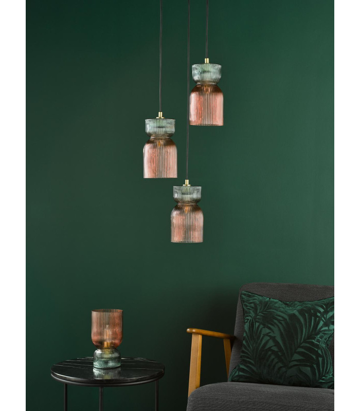 Rhubarb 3 Light Cluster Ceiling Pendant Pink and Green Ribbed Glass-5