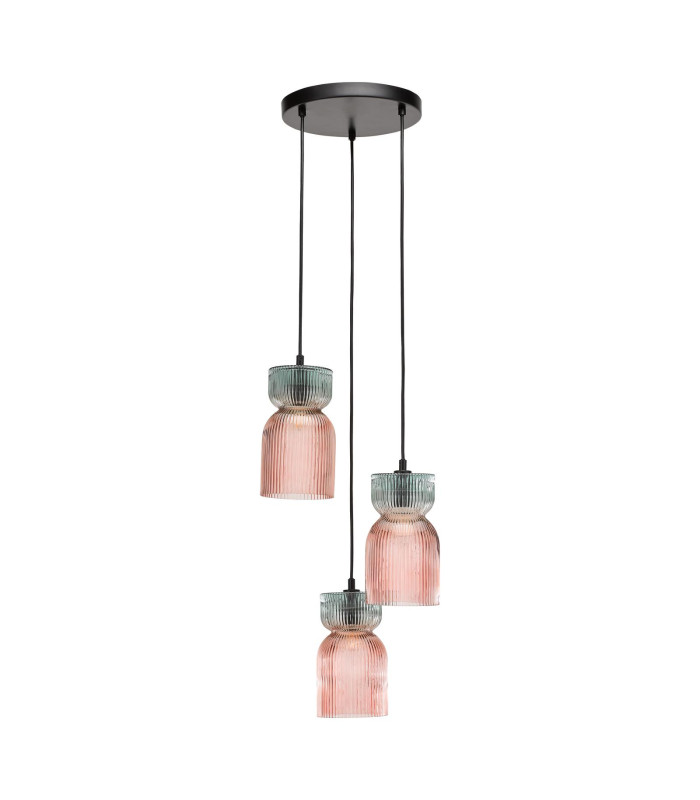 Rhubarb 3 Light Cluster Ceiling Pendant Pink and Green Ribbed Glass-7
