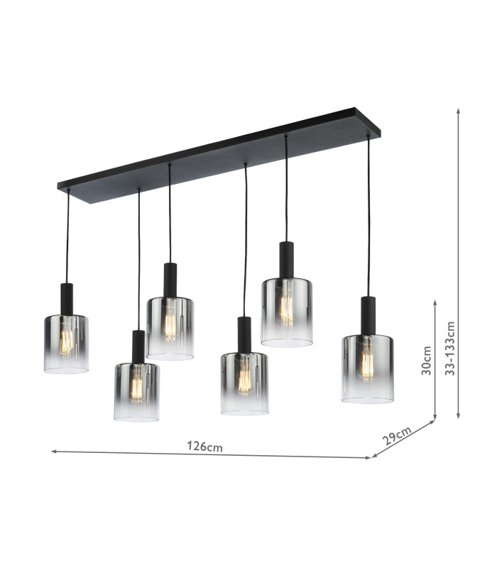 Savannah 6 Light Bar Ceiling Pendant Matt Black and Smoked Glass-4