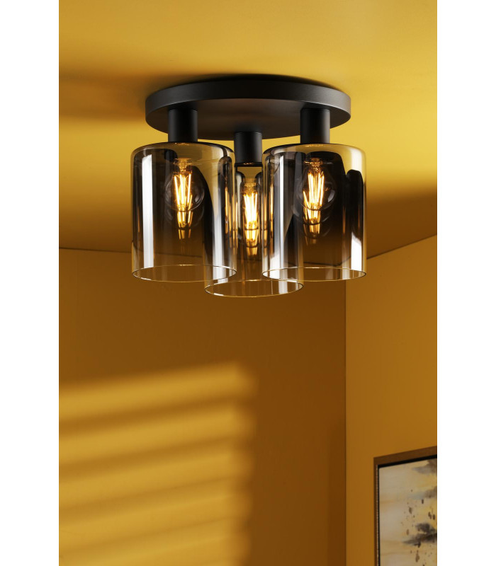 Savannah 3 Light Flush Matt Black and Smoked Glass-2