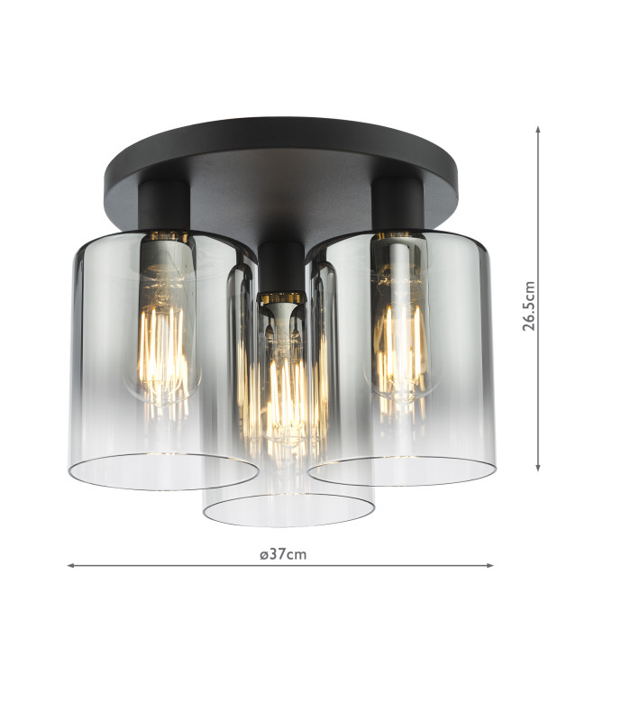 Savannah 3 Light Flush Matt Black and Smoked Glass-4