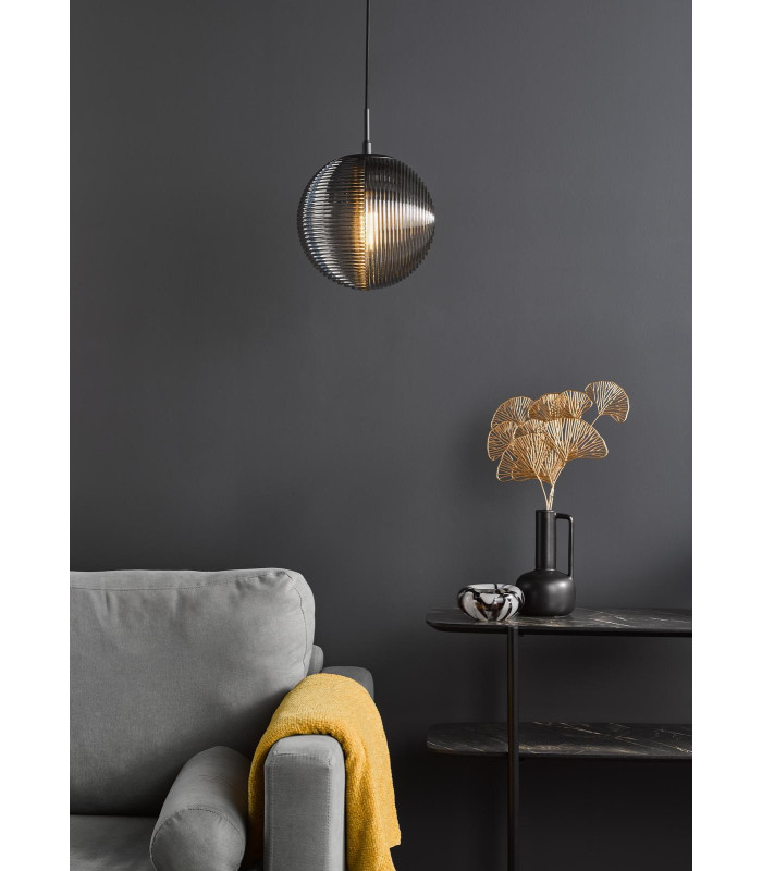 Evander Single Ceiling Pendant Matt Black and Smoked Glass-2