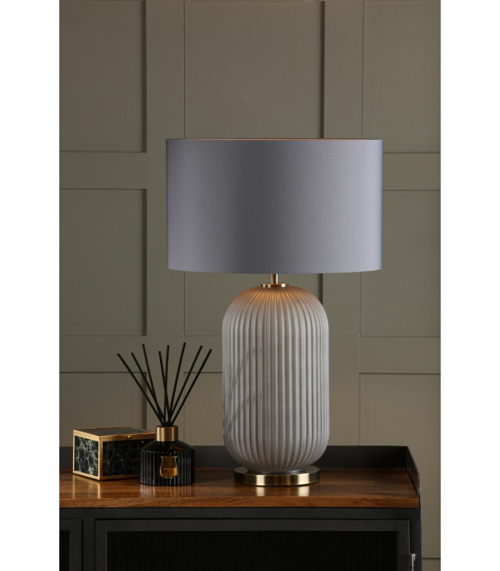 Helicon Table Lamp Grey Ribbed Glass and Antique Brass With Shade-2