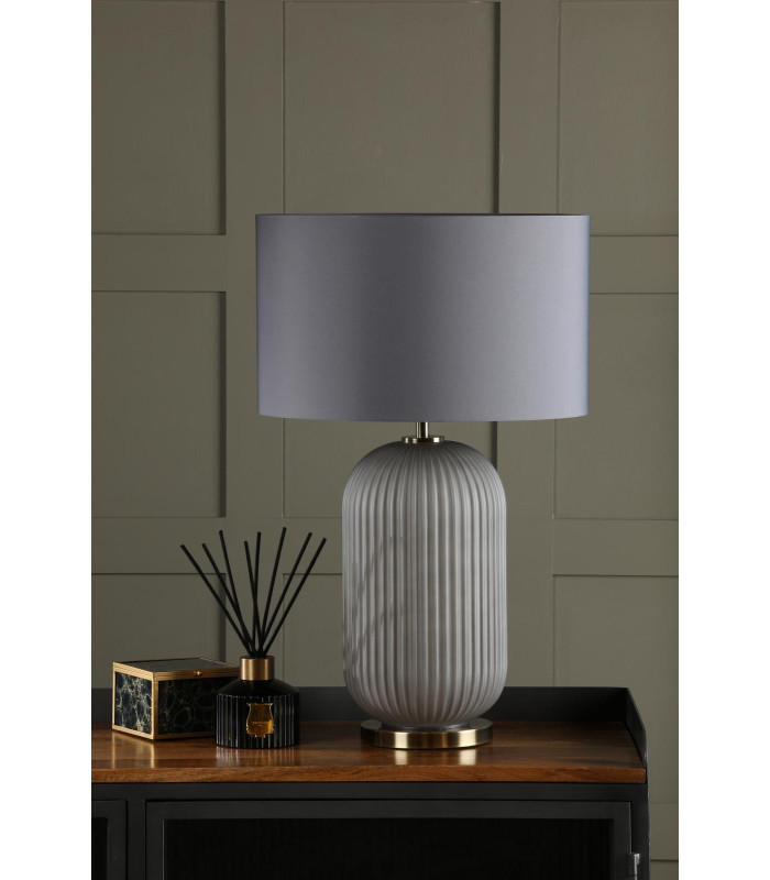 Helicon Table Lamp Grey Ribbed Glass and Antique Brass With Shade-3