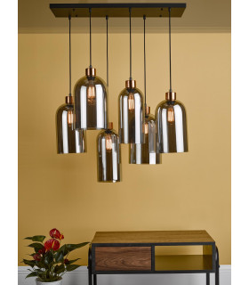 Alma 6 Light Bar Ceiling Pendant Matt Black & Brass with Smoked Glass-2