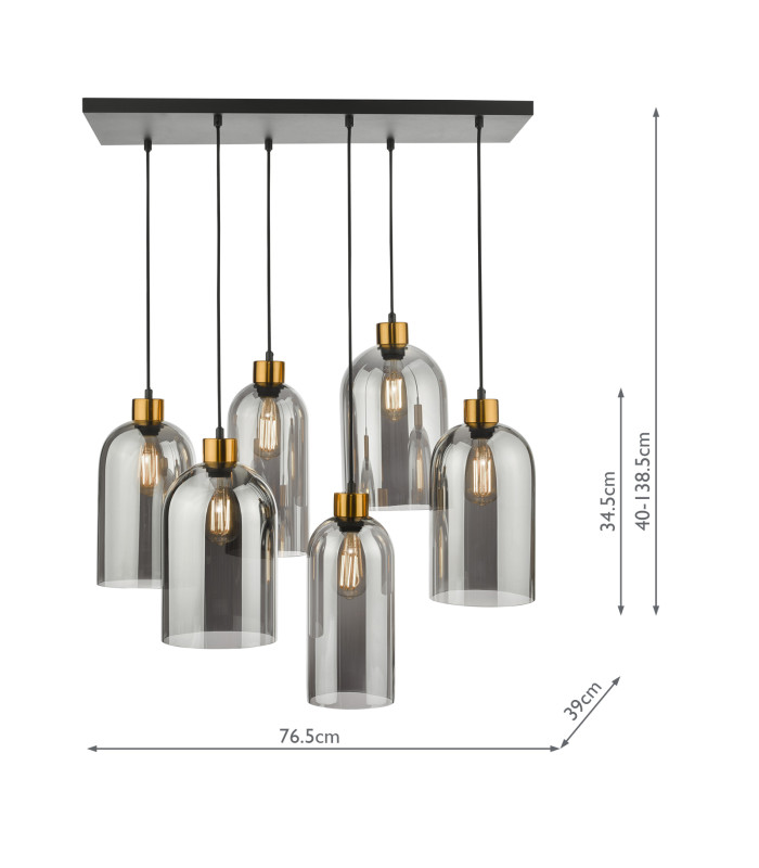Alma 6 Light Bar Ceiling Pendant Matt Black & Brass with Smoked Glass-3