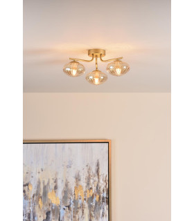 Ede 3 Light Semi-Flush Satin Gold and Amber Glass-2