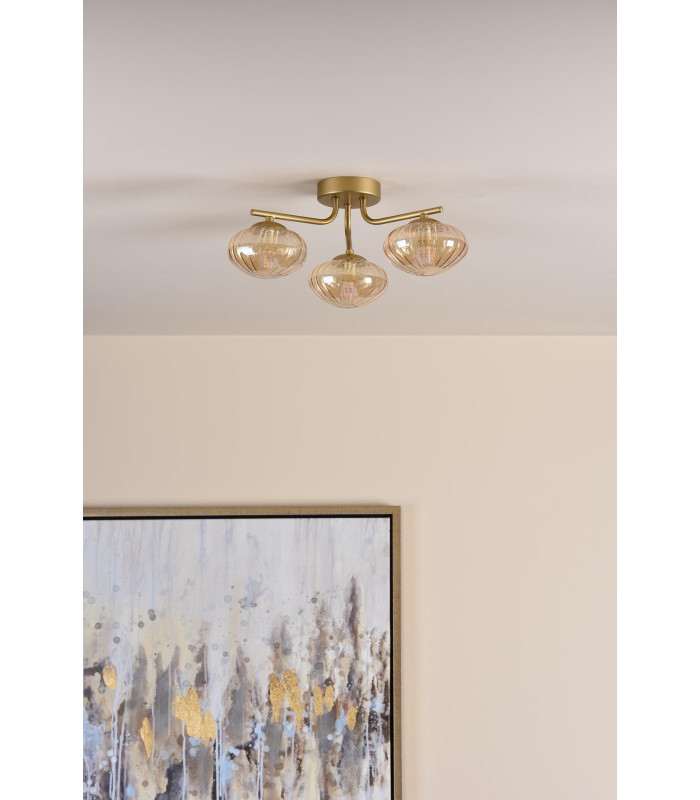 Ede 3 Light Semi-Flush Satin Gold and Amber Glass-3