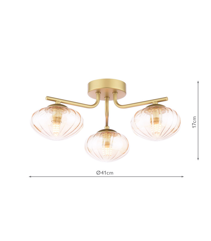 Ede 3 Light Semi-Flush Satin Gold and Amber Glass-6