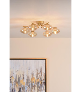 Ede 6 Light Semi-Flush Satin Gold and Amber Glass-2