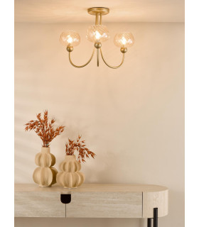 Cognac 3 Light Semi-Flush Satin Gold and Champagne Ribbed Glass-2