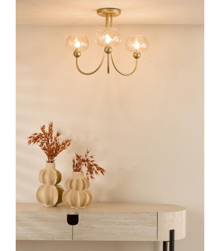 Cognac 3 Light Semi-Flush Satin Gold and Champagne Ribbed Glass-2