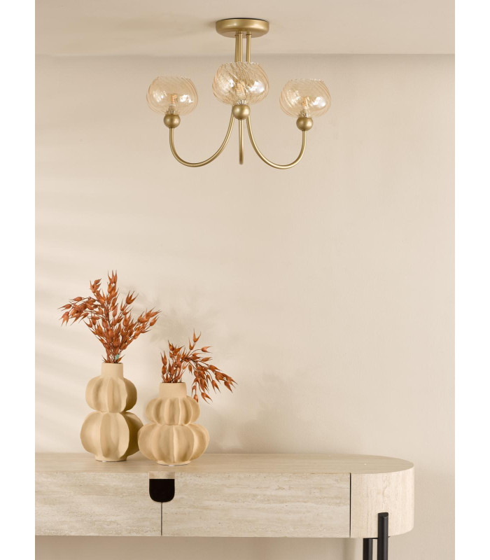 Cognac 3 Light Semi-Flush Satin Gold and Champagne Ribbed Glass-3