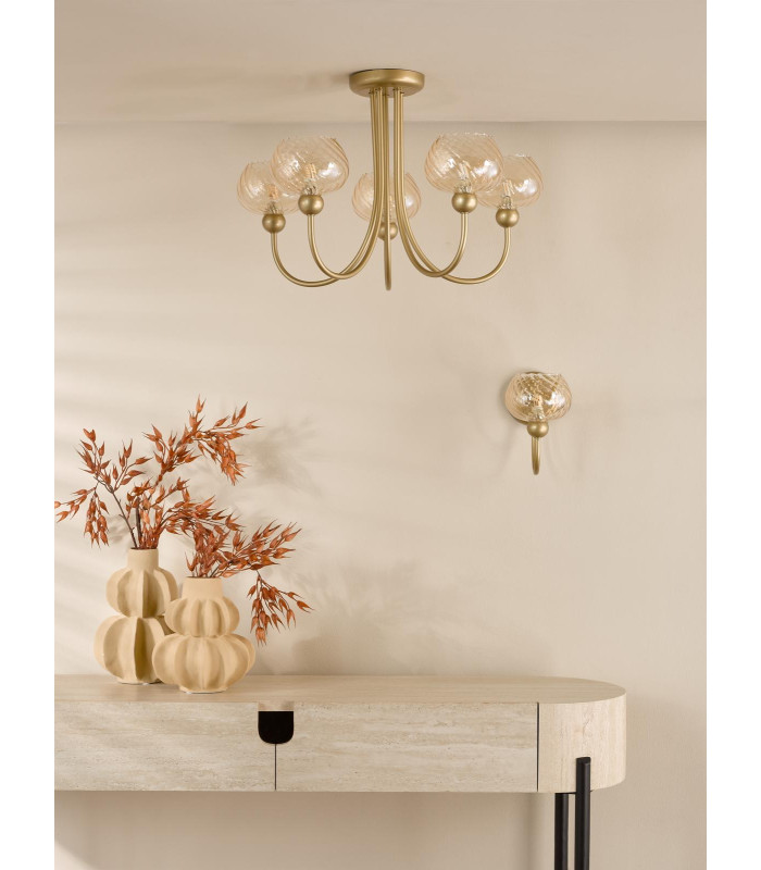 Cognac 3 Light Semi-Flush Satin Gold and Champagne Ribbed Glass-5