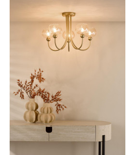 Cognac 5 Light Semi-Flush Satin Gold and Champagne Ribbed Glass-2