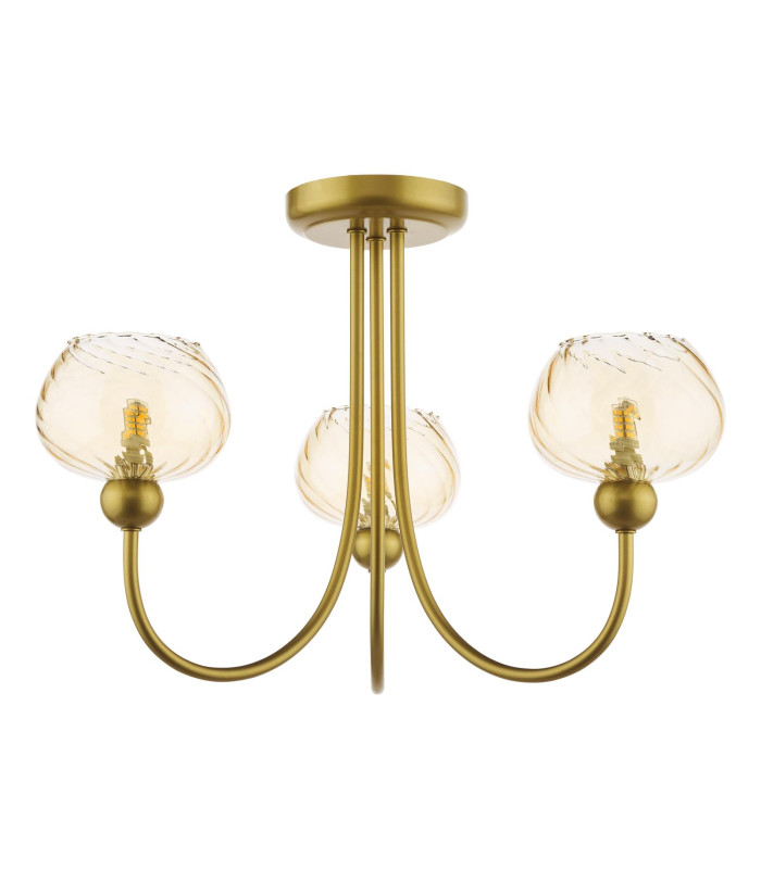 Cognac 3 Light Semi-Flush Satin Gold and Champagne Ribbed Glass-7