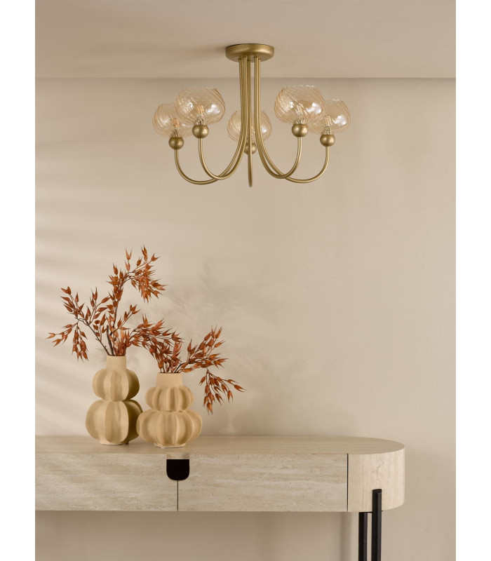 Cognac 5 Light Semi-Flush Satin Gold and Champagne Ribbed Glass-3