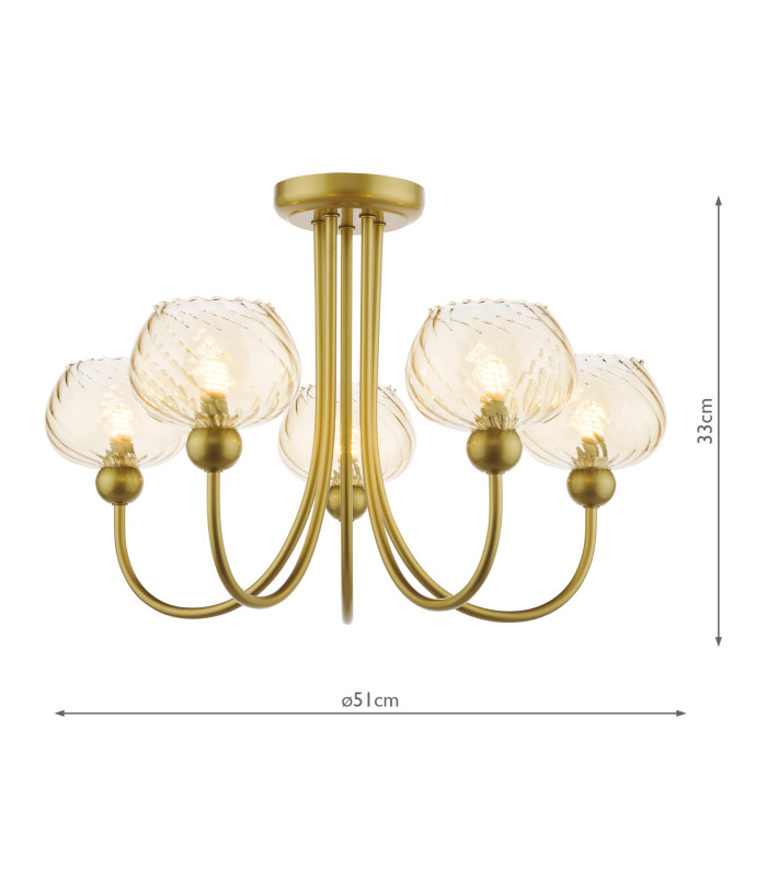 Cognac 5 Light Semi-Flush Satin Gold and Champagne Ribbed Glass-4