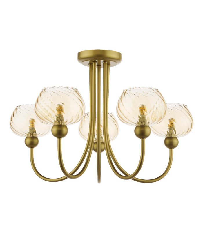 Cognac 5 Light Semi-Flush Satin Gold and Champagne Ribbed Glass-5