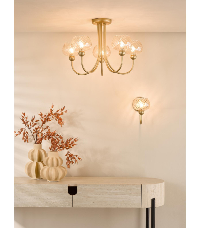 Cognac Wall Light Satin Gold and Champagne Ribbed Glass-4