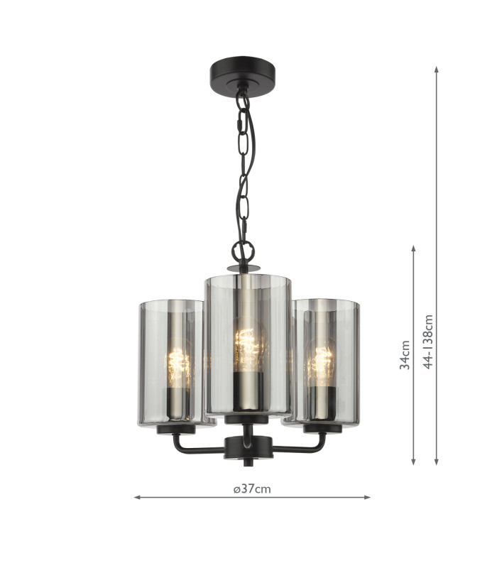 Daylin 3 Light Ceiling Pendant Satin Black and Smoked Ribbed Glass-6