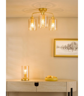 Daylin 3 Light Semi-Flush Satin Gold and Amber Ribbed Glass-2