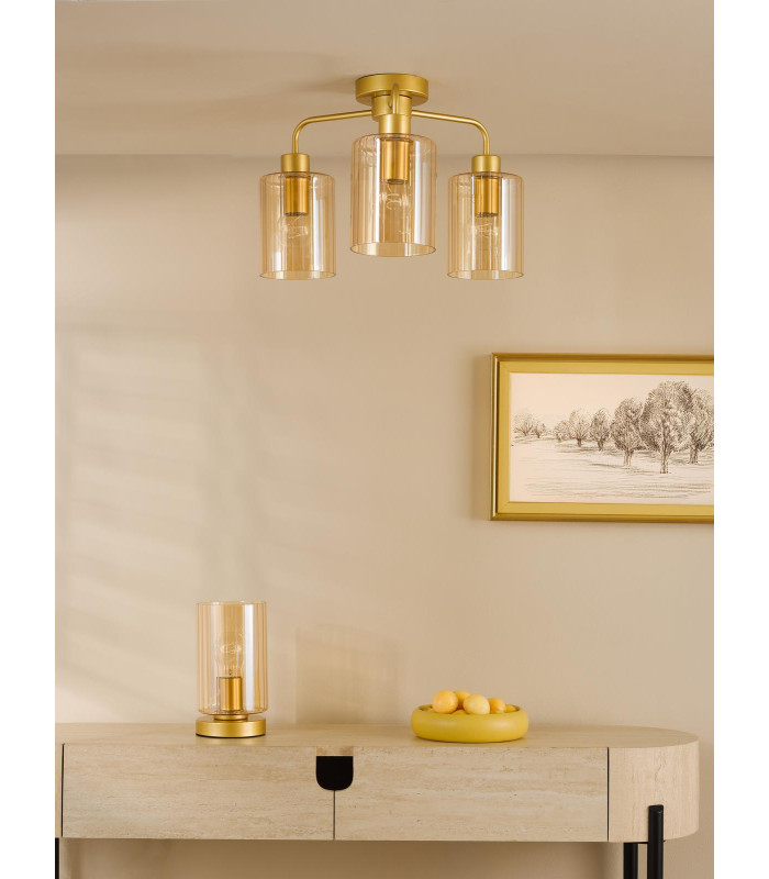 Daylin 3 Light Semi-Flush Satin Gold and Amber Ribbed Glass-3