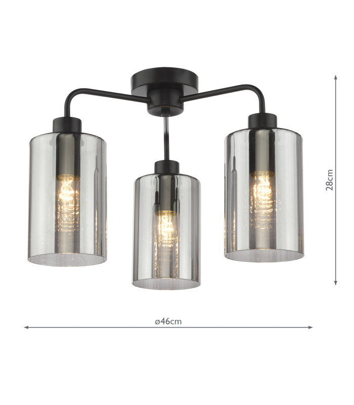 Daylin 3 Light Semi-Flush Satin Black and Smoked Ribbed Glass-4