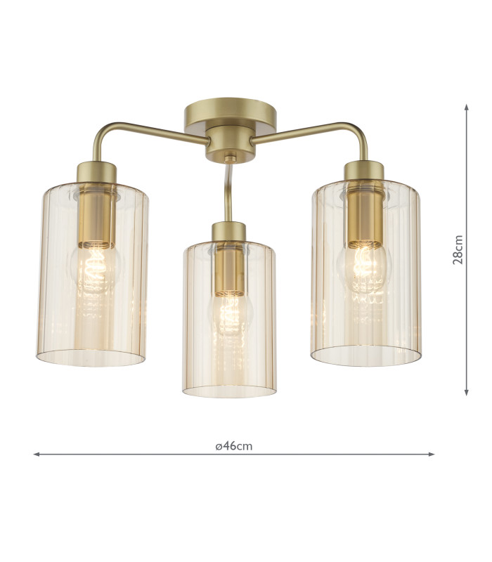 Daylin 3 Light Semi-Flush Satin Gold and Amber Ribbed Glass-4