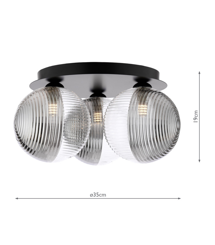 Foley 3 Light Flush Matt Black With Smoked/Clear Ribbed Glass-2