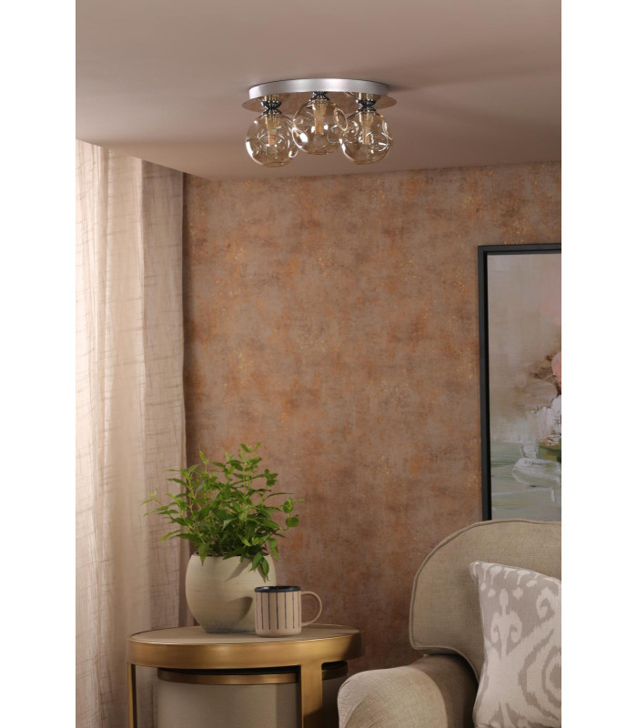 Foley 3 Light Flush Polished Chrome With Closed Organic Amber Glass-3