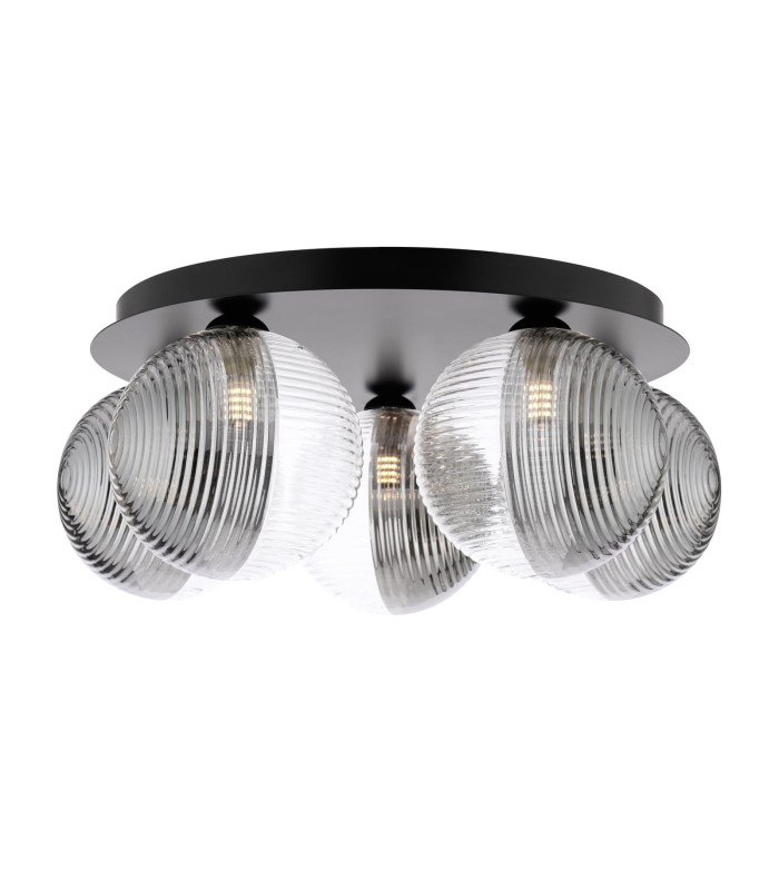 Foley 5 Light Flush Matt Black With Smoked/Clear Ribbed Glass-1