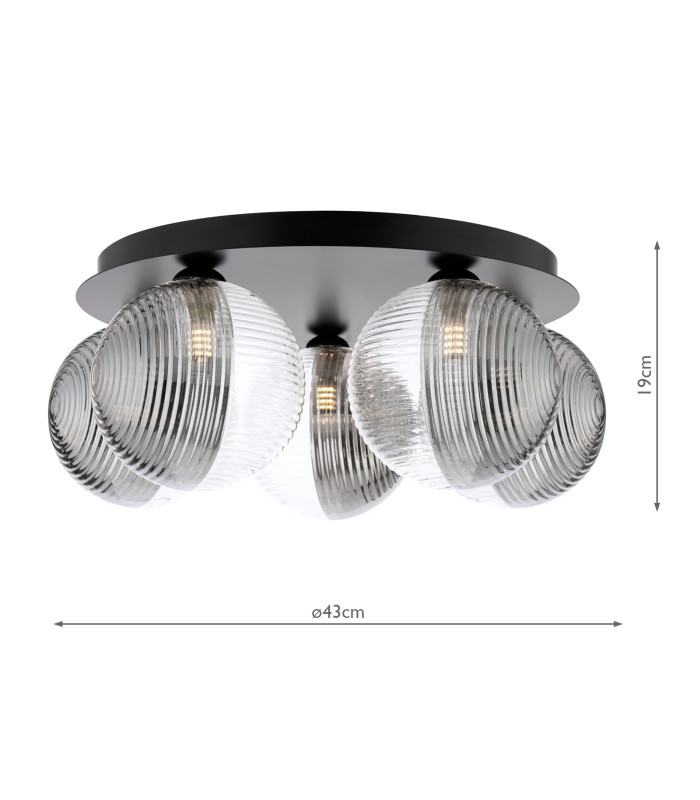 Foley 5 Light Flush Matt Black With Smoked/Clear Ribbed Glass-2