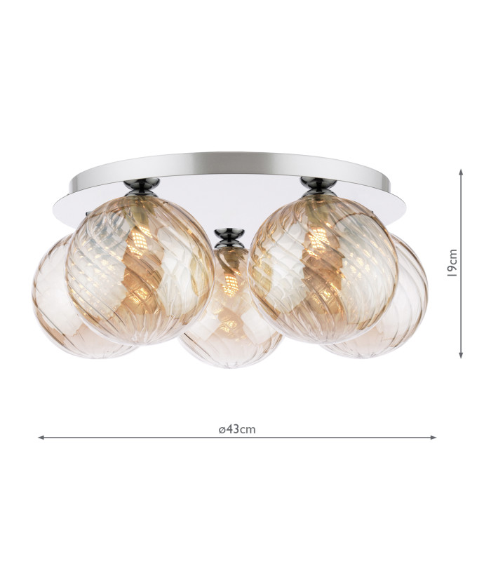 Foley 5 Light Flush Polished Chrome With Twisted Amber Glass-4